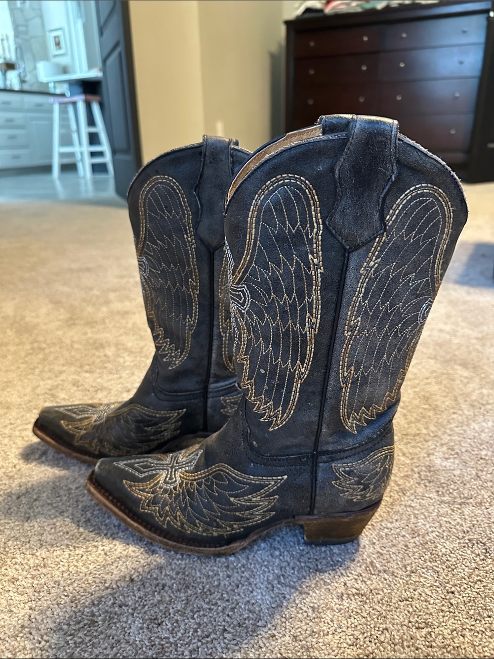 Kids Black Wing-Embroidered Western Boots
